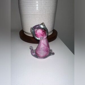 Vintage Art Glass Pink Clear Glass Cat Murano Style Figurine Paperweight 4-1/2"